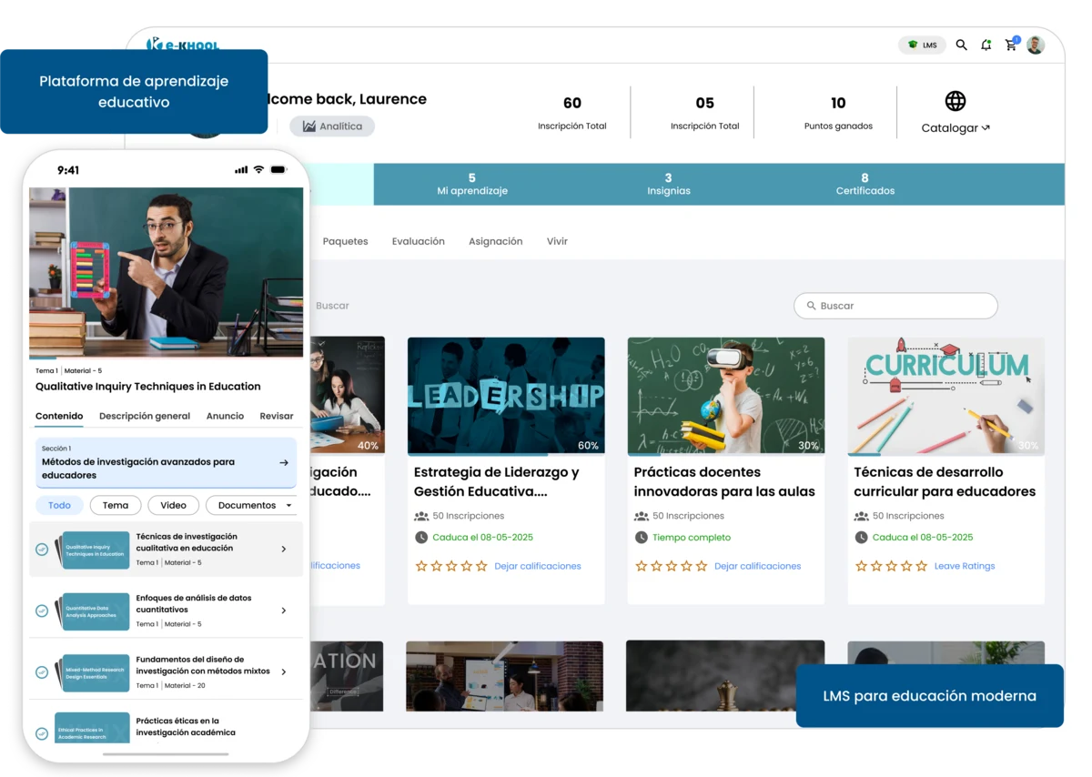 LMS moderno para educación con contenidos, analíticas y experiencia móvil.