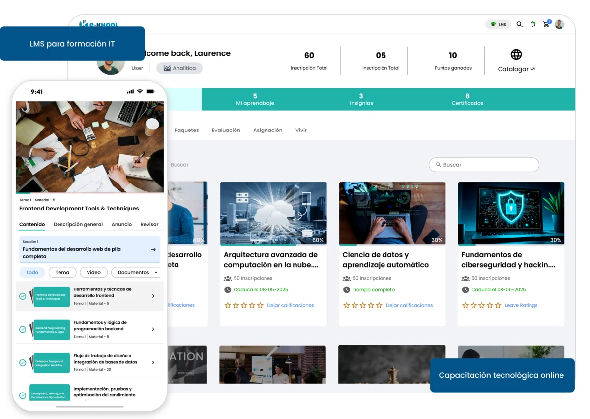 Capacitación tecnológica online con rutas, labs, tests y métricas de avance.