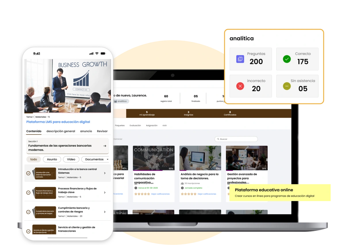 LMS para educación digital con clases, tareas, exámenes y seguimiento