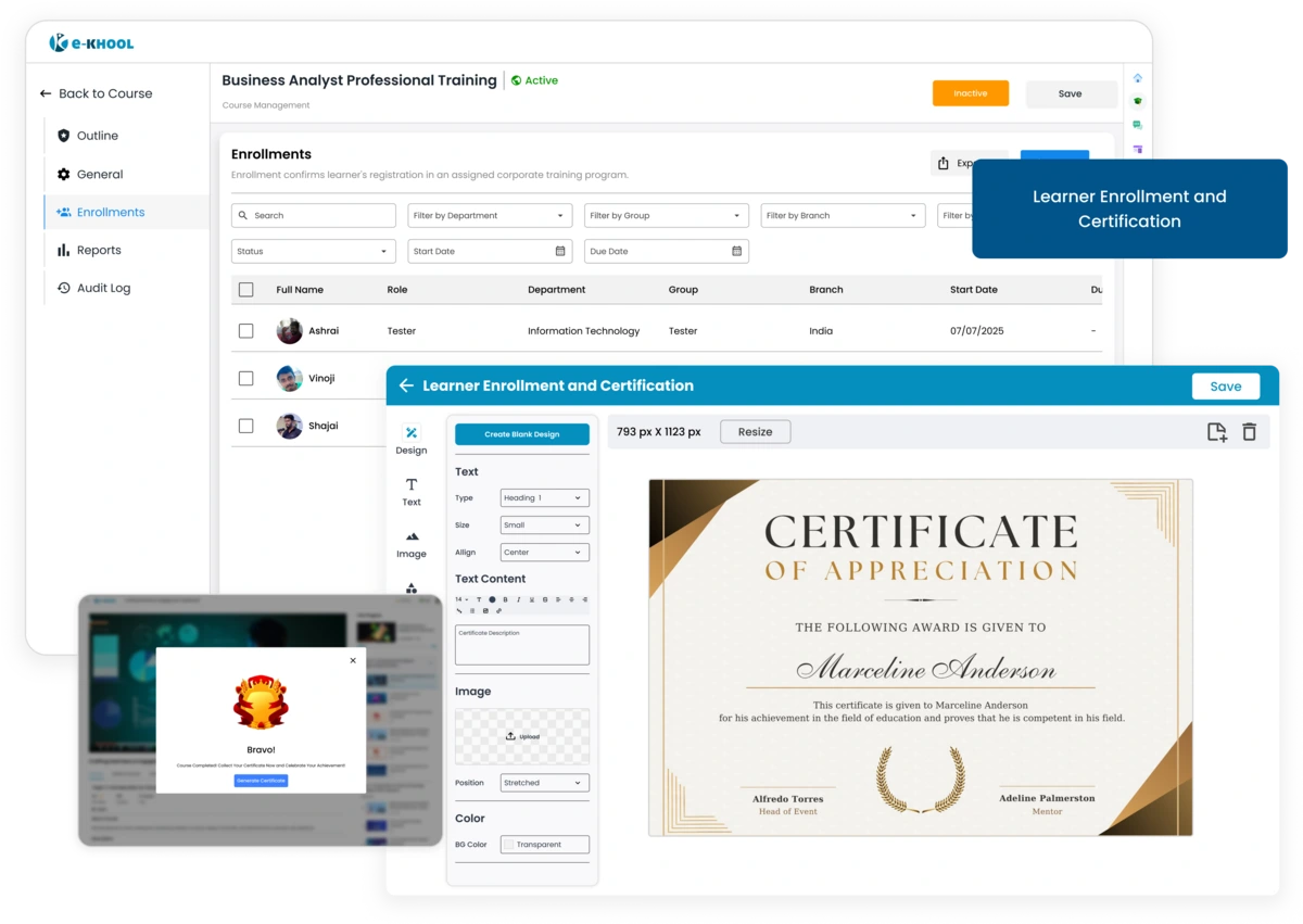 Automated enrollment and certification tracking to manage learner progress with admin tools