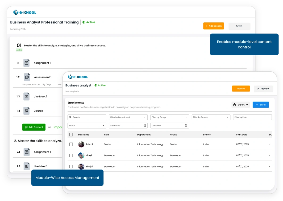 Enable precise control with module-wise access management. Assign permissions, secure content, and streamline admin workflows easily