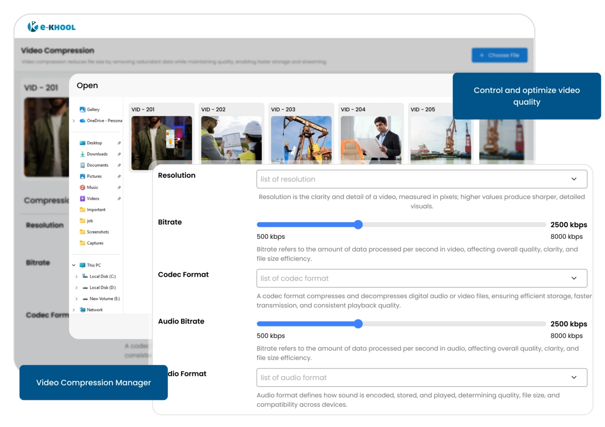 Manage and compress videos efficiently without losing quality. Reduce file sizes, speed up access, and deliver smooth learning experiences