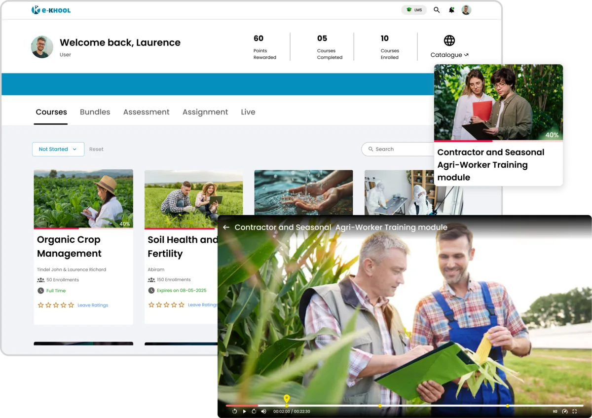 Agriculture learning platform offering training for seasonal workers and remote field teams.
