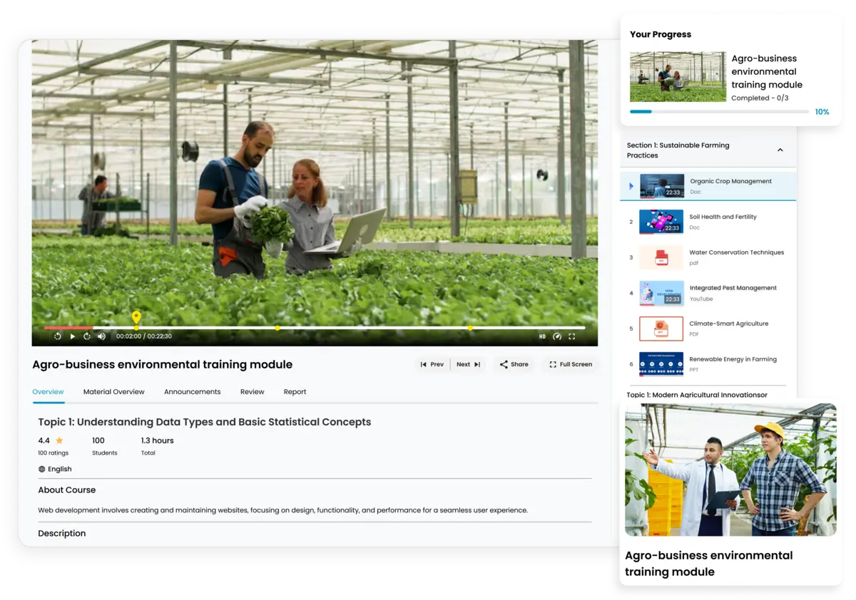 Agro LMS platform to train farm workers on safety, chemical handling, and machinery.